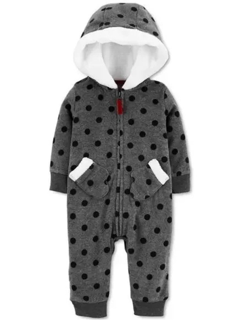 Carter’s Baby Fleece One Piece Size 9M Gray Polka Dot Hooded Zip Romper